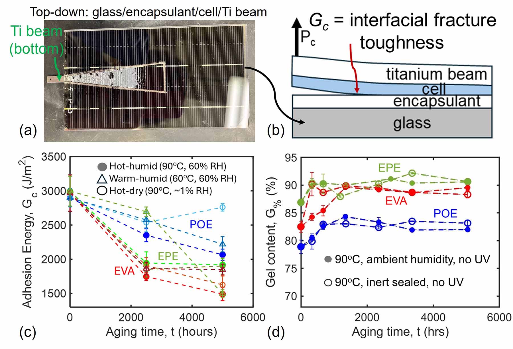 Adhesion testing (a) Top-down: glass/encapsulant/cell/Ti beam; (b) Layers of titanium beam, cell, encapsulant, glass; (c ) Line chart showing the aging time of adhesion energy; (d) Line chart showing aging time of gel content, G %.