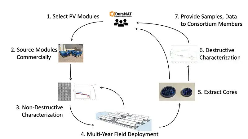 1. Select PV modules, 2. Source modules commercially, 3. Nondestructive characterization, 4. Multiyear field deployment, 5. Extract cores, 6. Destructive characterization, 7. Provide samples, data to consortium member.