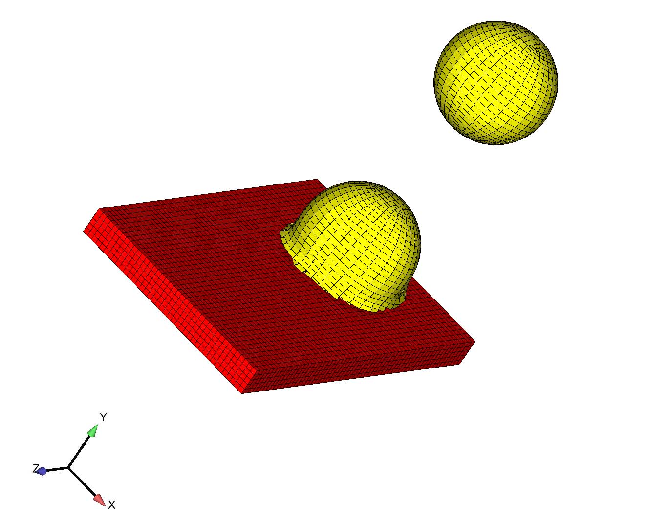 An illustration showing a yellow sphere, representing hail, impacting a 3D red square, representing a PV module.
