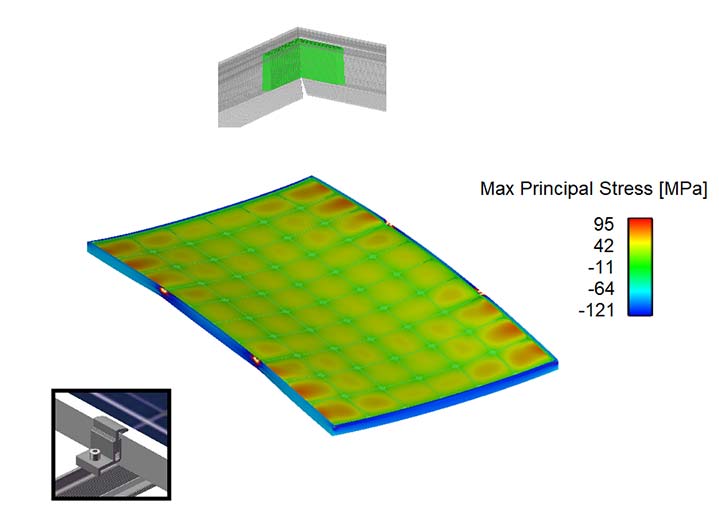 Heat map image showing Max Principal Stress and an image of a mount on a module frame