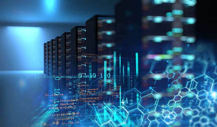 3D illustration of server room in data center with superimposed graphics representing scientific and computing data.